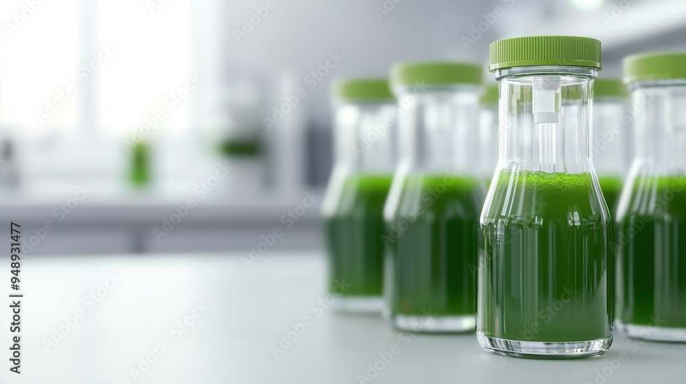 Nanoscale reactors producing biofuel from algae in a futuristic lab, representing cutting-edge renewable energy solutions. Nanoscale reactors producing biofuel from algae in a futuristic lab, representing cutting-edge renewable energy solutions.