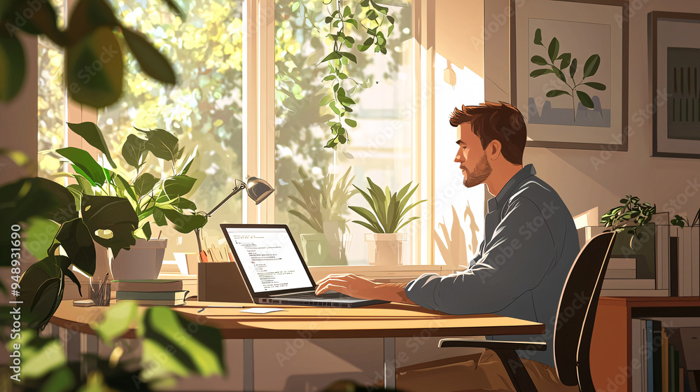 A freelancer works on his laptop in a tranquil office room, the environment enriched by peaceful lo-fi music and the soft light of the morning sun A freelancer works on his laptop in a tranquil office room, the environment enriched by peaceful lo-fi music and the soft light of the morning sun