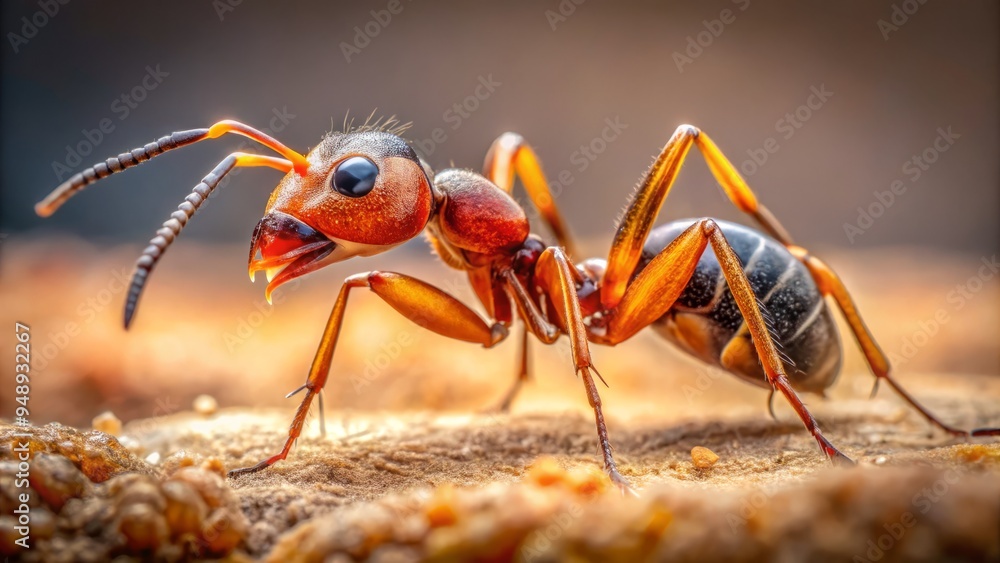 Close-up of a tiny ant's intricate body, antennae, and mandibles, showcasing its textured exoskeleton and vibrant Close-up of a tiny ant's intricate body, antennae, and mandibles, showcasing its textured exoskeleton and vibrant