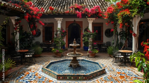 A courtyard with a fountain and a lot of flowers