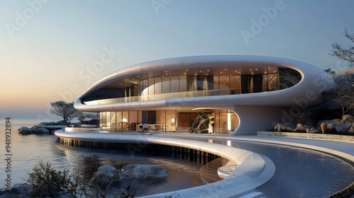 A large, modern house with a pool and a view of the ocean photo