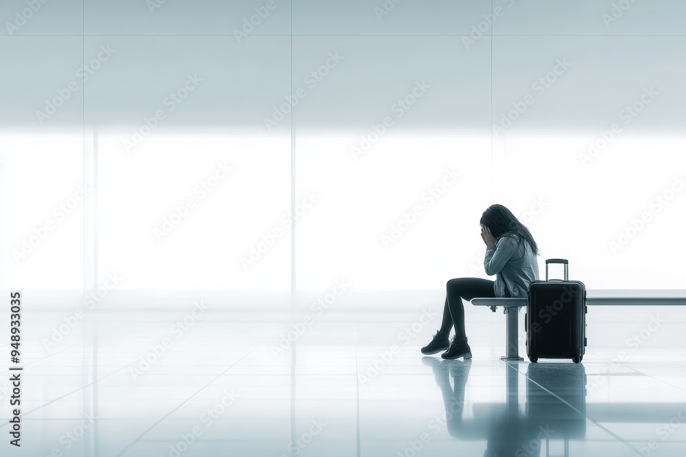 A woman sitting on a bench in an airport, looking sad Next to her is a black suitcase The woman is crying, with her head down and her hands covering her face Generative AI A woman sitting on a bench in an airport, looking sad Next to her is a black suitcase The woman is crying, with her head down and her hands covering her face Generative AI
