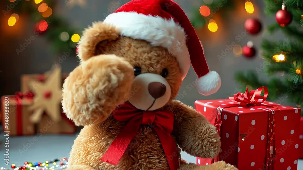 Holiday-Themed Bear with Santa Hat Surrounded by Christmas Gifts and Ornaments Holiday-Themed Bear with Santa Hat Surrounded by Christmas Gifts and Ornaments