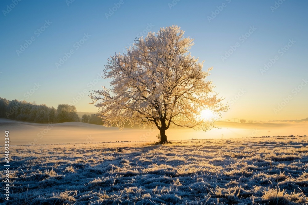 Frost-covered tree glows in the morning sunlight in a serene winter landscape during sunrise Frost-covered tree glows in the morning sunlight in a serene winter landscape during sunrise