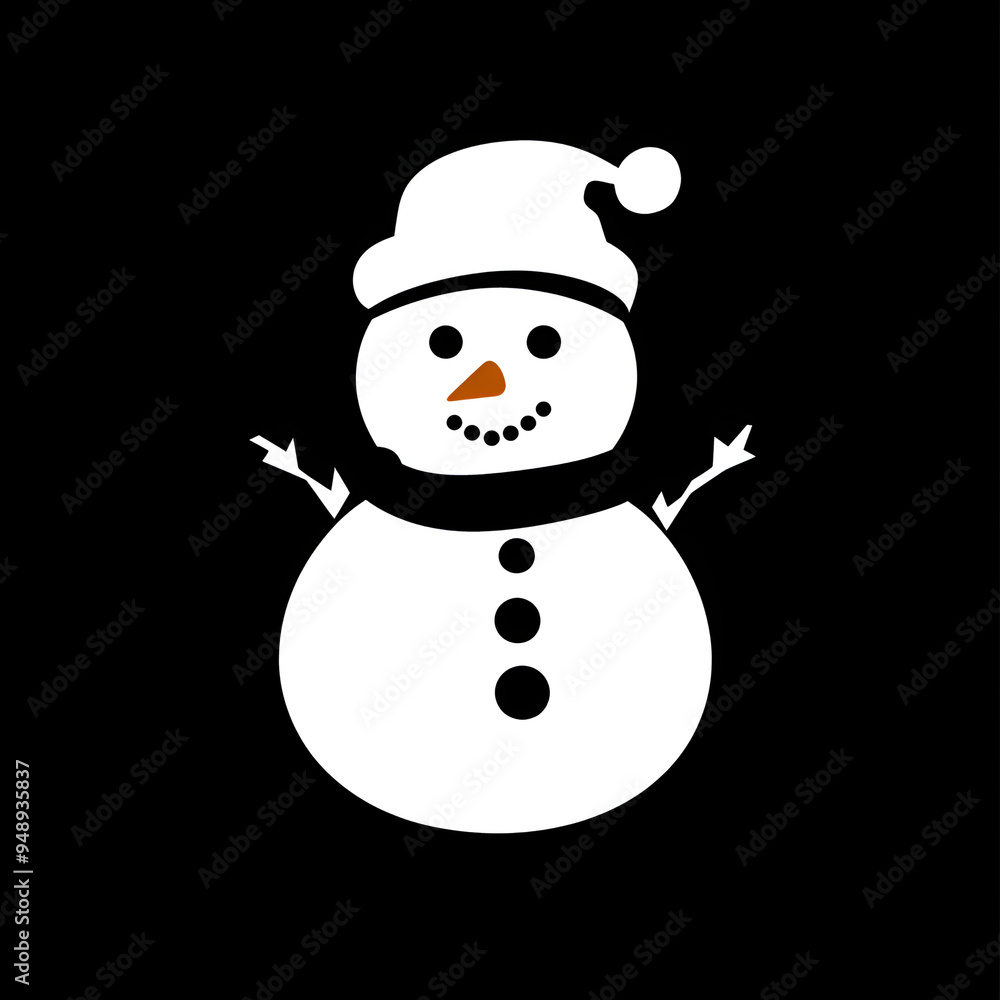 Cute Snowman Silhouette with Hat and Scarf on a Black Background for Winter and Christmas-Themed Designs and Decorations Cute Snowman Silhouette with Hat and Scarf on a Black Background for Winter and Christmas-Themed Designs and Decorations