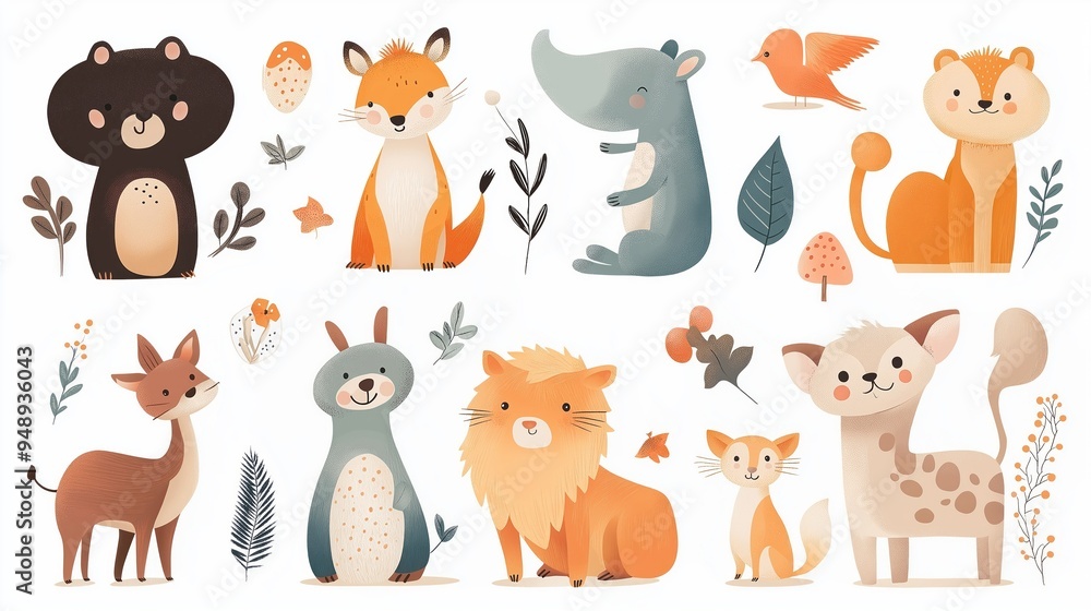 Cute woodland animals and plants in a whimsical, colorful illustration. Perfect for kids stickers. Cute woodland animals and plants in a whimsical, colorful illustration. Perfect for kids stickers.