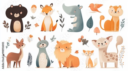 Cute woodland animals and plants in a whimsical, colorful illustration. Perfect for kids stickers.