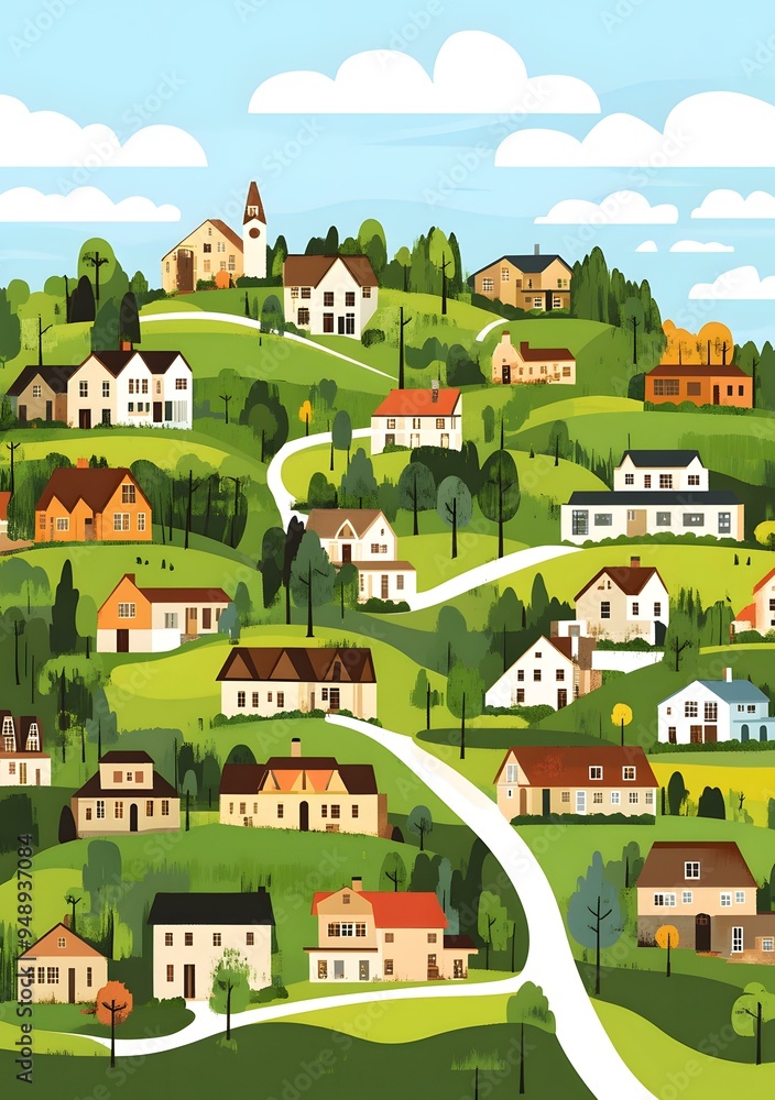 Village Landscape with Houses and Winding Road Village Landscape with Houses and Winding Road