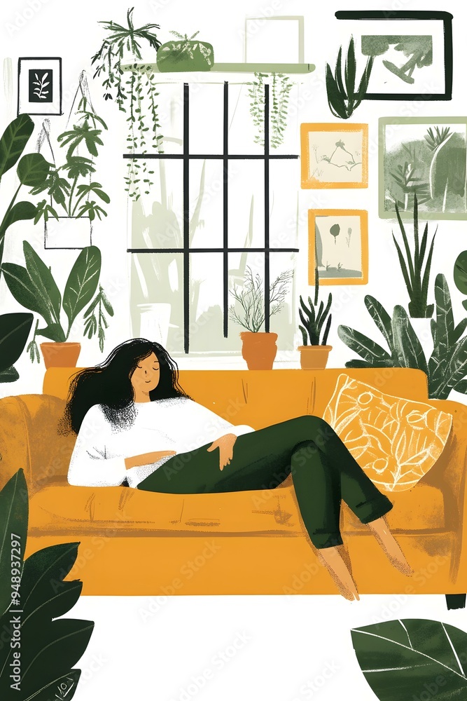Woman Relaxing on Couch in a Cozy Room with Plants Woman Relaxing on Couch in a Cozy Room with Plants