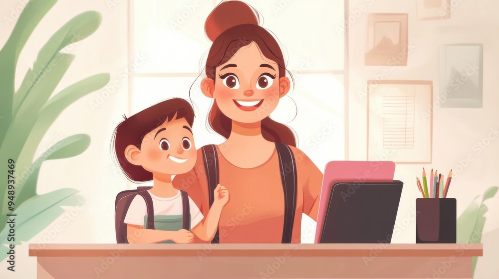 A woman and child sitting at a desk with laptop, AI A woman and child sitting at a desk with laptop, AI