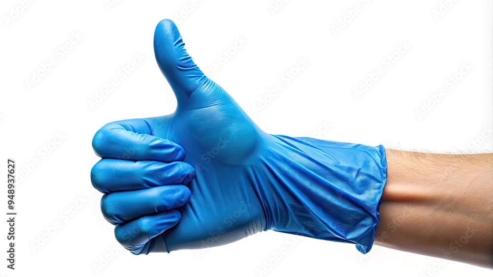 A close-up of a hand wearing a bright blue latex glove, fingers curled, and thumb extended, on a plain white background. A close-up of a hand wearing a bright blue latex glove, fingers curled, and thumb extended, on a plain white background.