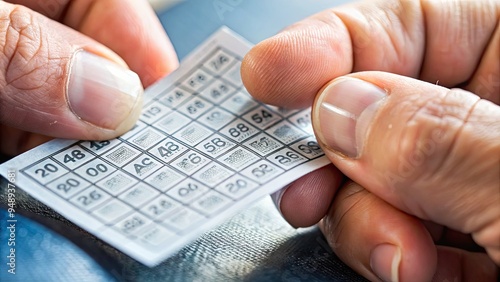 A close-up of a person's hand holding a lottery ticket, scratching off the silver coating to reveal hidden numbers and potential prizes underneath.