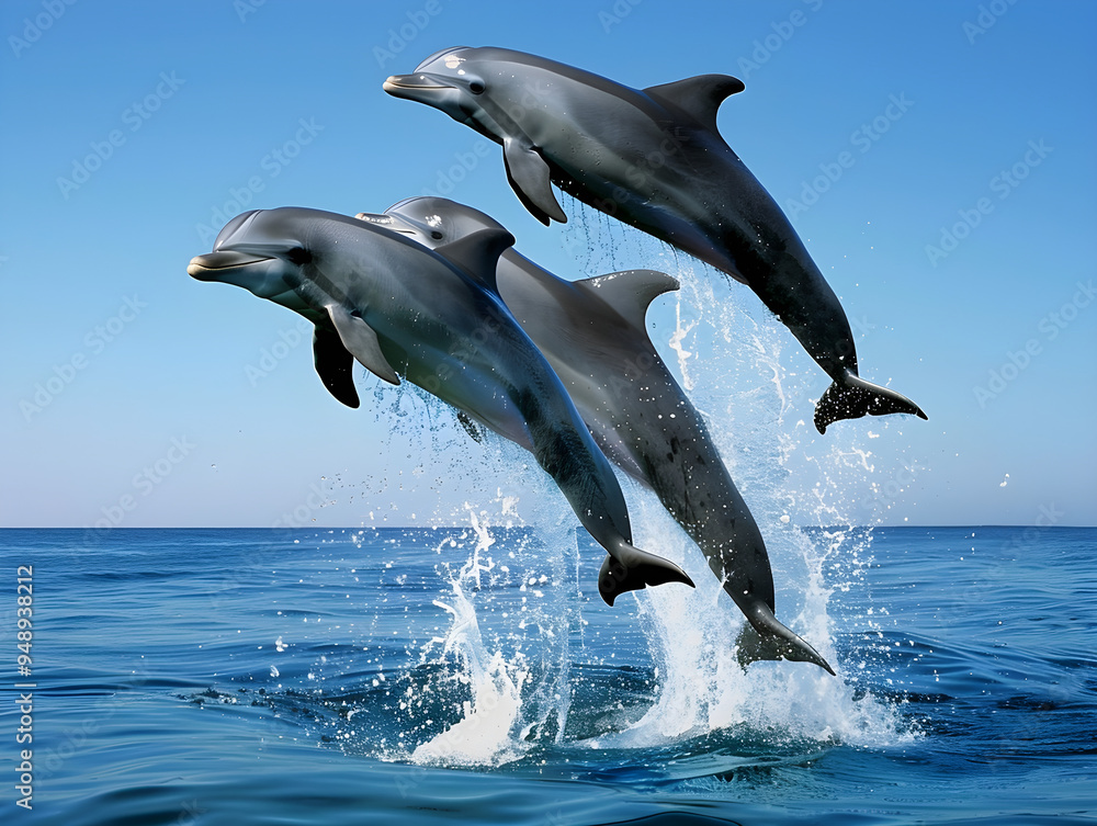 Fototapeta premium Three dolphins gracefully breach the surface, creating splashes of water as they leap together.