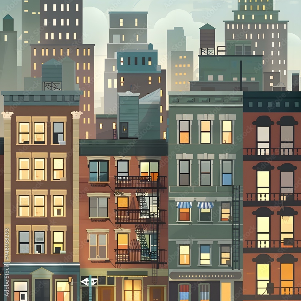 Colorful Illustration of Cityscape with Buildings Colorful Illustration of Cityscape with Buildings