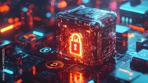 A 3D digital vault with a glowing lock, surrounded by digital currency symbols, symbolizing the security of modern digital assets and wealth management 