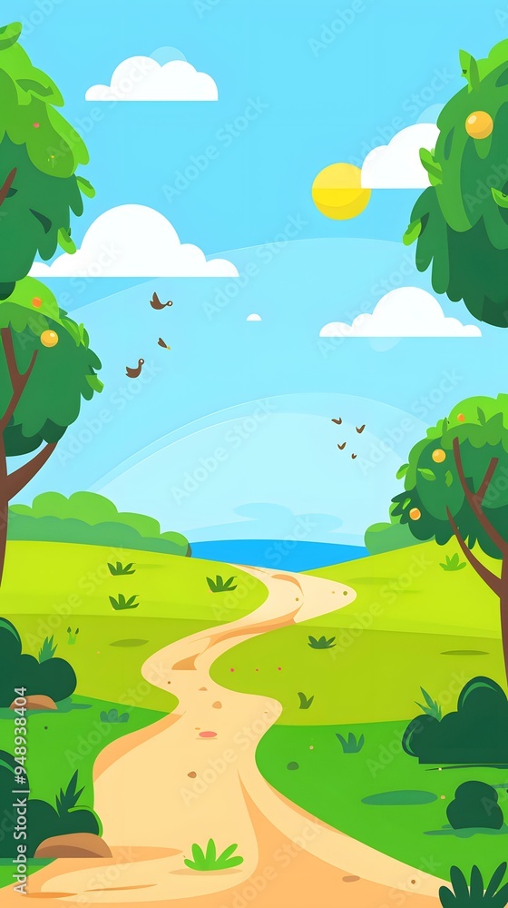 Summer Landscape with Winding Path Through Green Meadow and Blue Sky