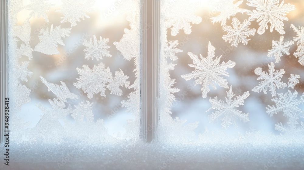 Delicate frost patterns adorn a window with a soft winter light filtering in from outside Delicate frost patterns adorn a window with a soft winter light filtering in from outside