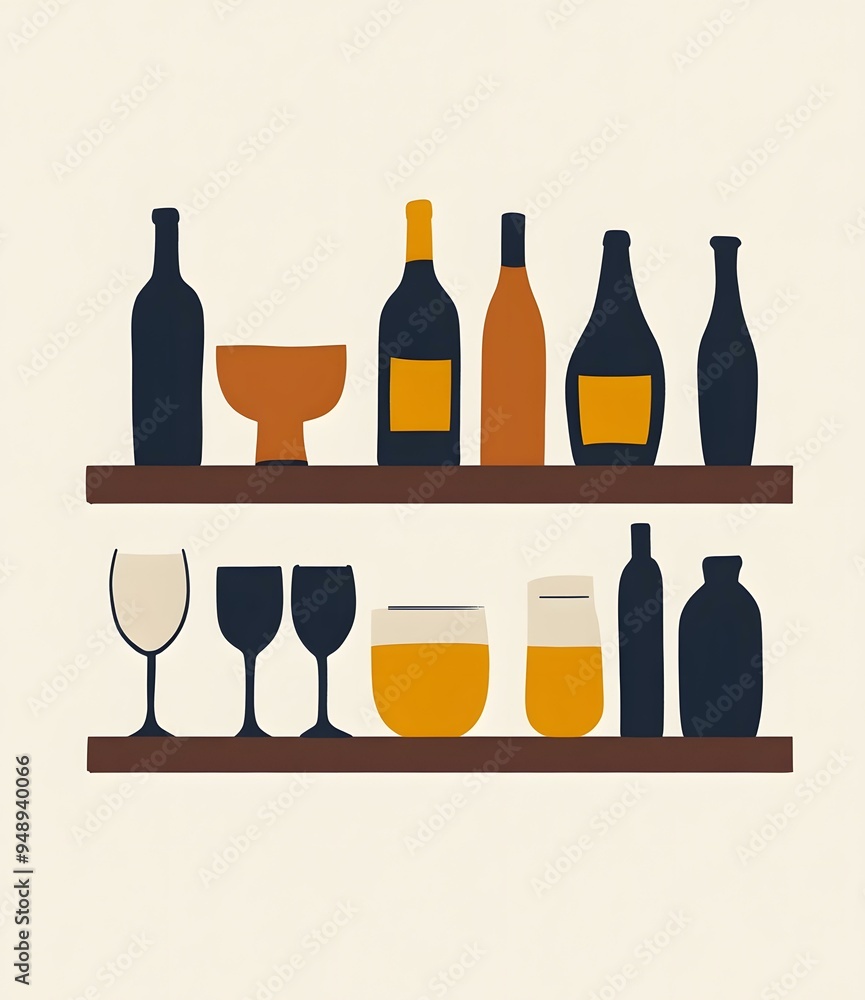 Minimalist Illustration of Wine Bottles and Glasses on a Shelf Minimalist Illustration of Wine Bottles and Glasses on a Shelf