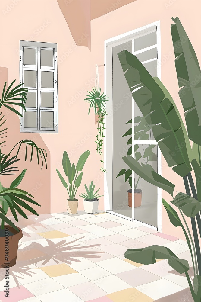 Tropical Minimalist Home Exterior Illustration With Pastel Pink Wall Tropical Minimalist Home Exterior Illustration With Pastel Pink Wall