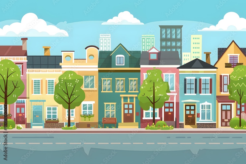 Colorful Row Of Houses In A Cityscape Illustration Colorful Row Of Houses In A Cityscape Illustration