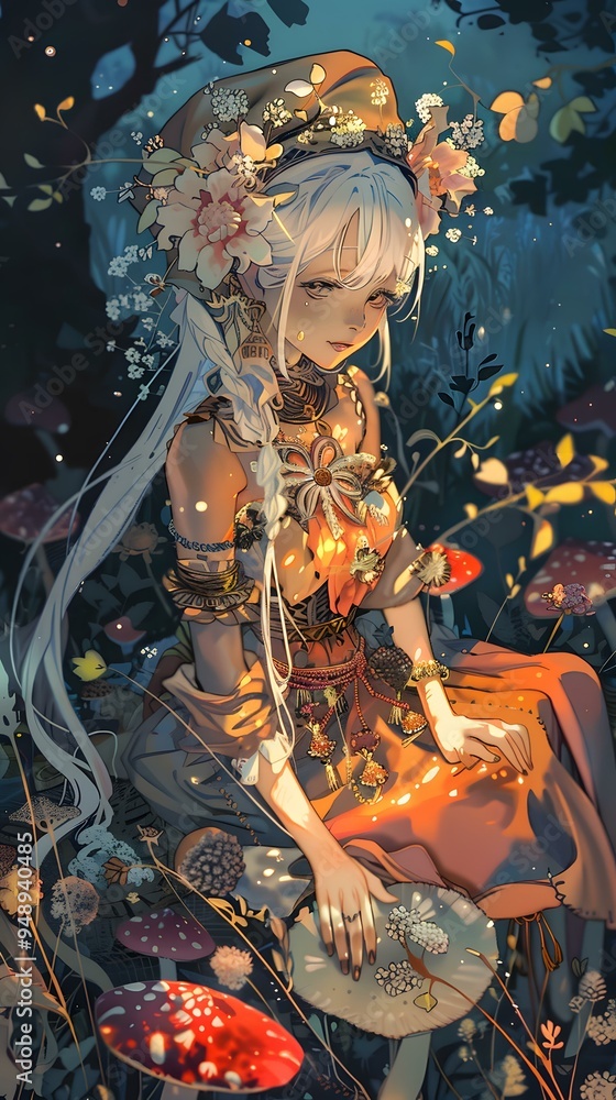 Fantasy Illustration of a White-Haired Woman in a Forest with Mushrooms Fantasy Illustration of a White-Haired Woman in a Forest with Mushrooms