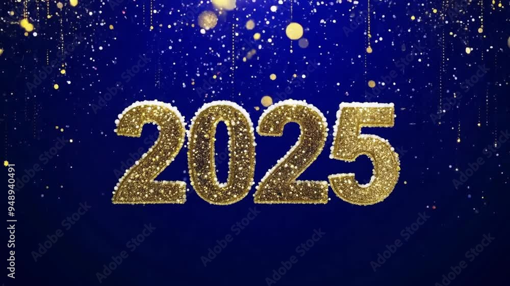 2025 new year. Shiny gold glitter numbers 2025 on a rich deep blue background with falling gold sparkles, sparkles and bokeh 2025 new year. Shiny gold glitter numbers 2025 on a rich deep blue background with falling gold sparkles, sparkles and bokeh
