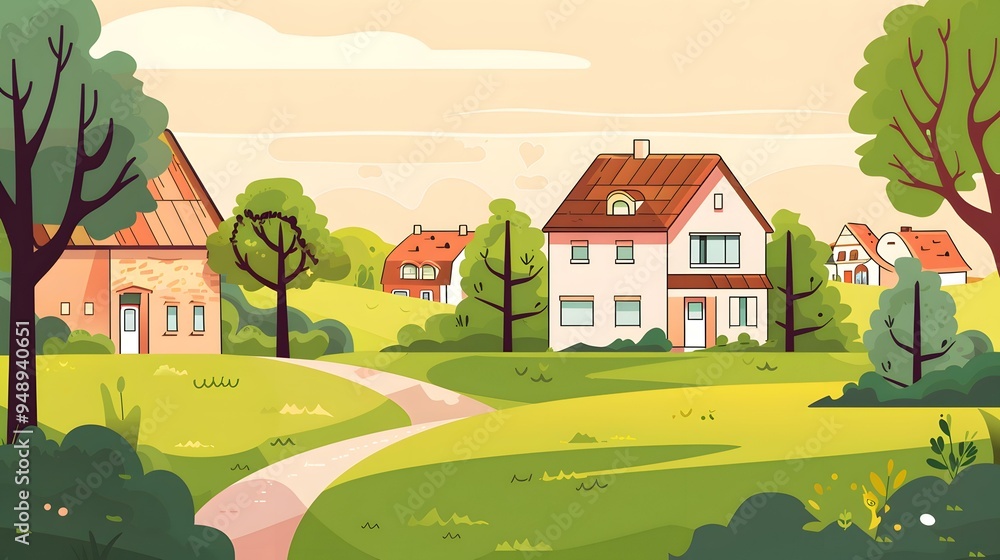 Naklejka premium Cartoon Illustration of a Small Village with Houses and Trees