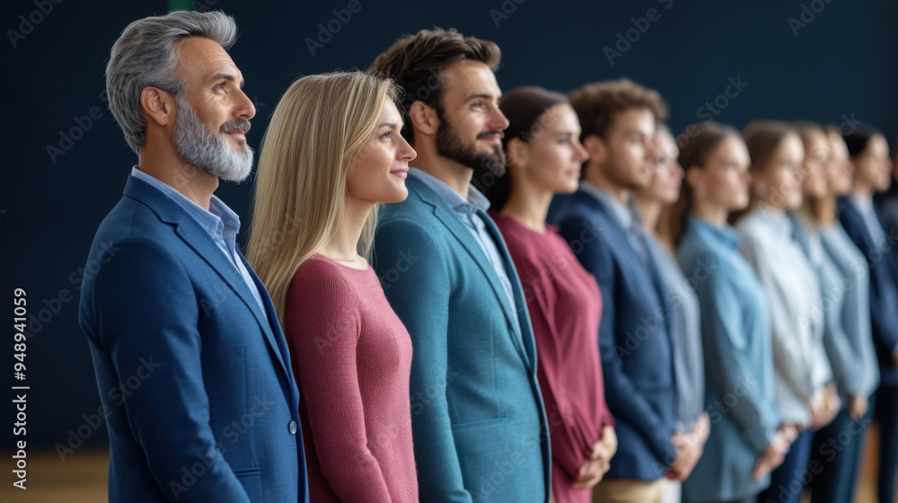 A diverse group of smiling professionals standing in a line, looking forward, symbolizing unity and teamwork. A diverse group of smiling professionals standing in a line, looking forward, symbolizing unity and teamwork.