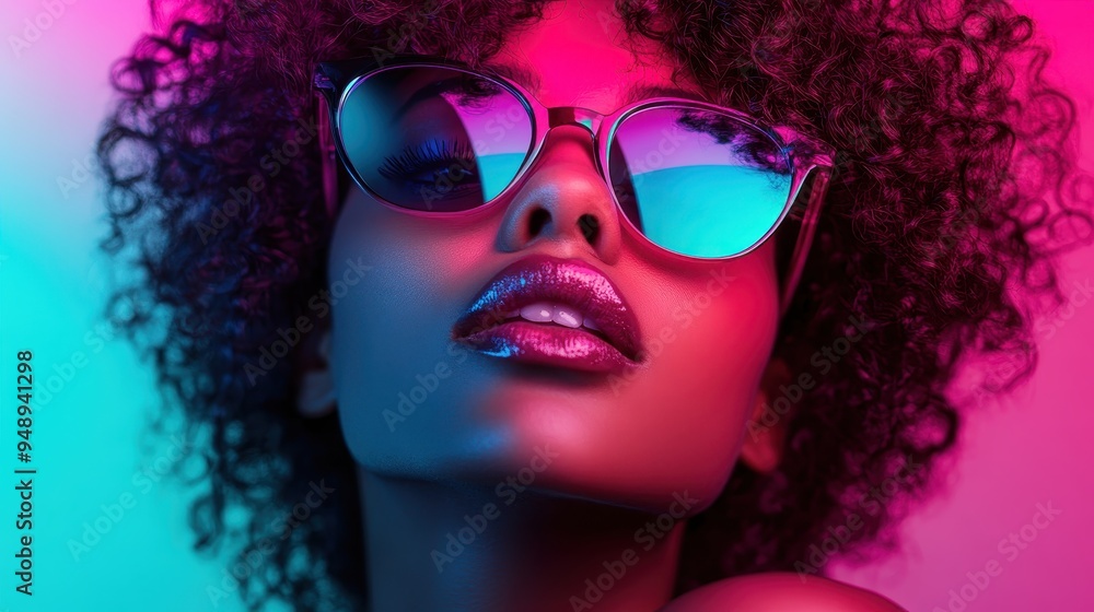 This artistic image shows a close-up of a person with curly hair under colorful neon lighting, capturing a sense of mystery and vibrancy in a modern, dynamic setting. This artistic image shows a close-up of a person with curly hair under colorful neon lighting, capturing a sense of mystery and vibrancy in a modern, dynamic setting.