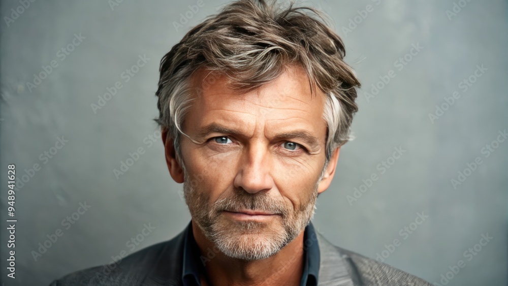 Obraz premium A confident middle-aged man with a stylishly messy brown haircut and hint of graying temples gazes directly ahead with a friendly, approachable expression.
