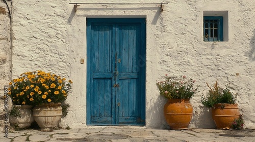   A white building boasts a blue door and two prominent planters brimming with yellow blossoms