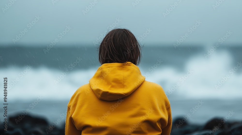 An individual wearing a yellow hoodie sits facing the gray, turbulent ocean waves, creating a scene of contemplation and solitude on a stormy and overcast day. An individual wearing a yellow hoodie sits facing the gray, turbulent ocean waves, creating a scene of contemplation and solitude on a stormy and overcast day.