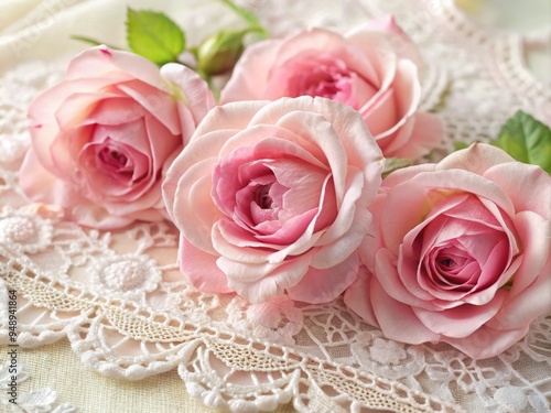 Delicate pink rose blooms surrounded by intricate lace trim adorn a soft, romantic background, perfect for invitations,