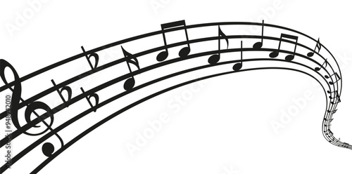 Musical wave melody. Music notes on white background. Staff treble clef notes. Vector illustration of music sound