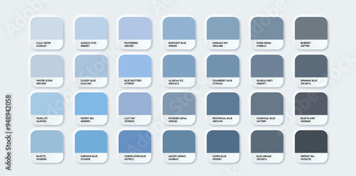 Blue color palette with color code and name. Color samples catalog. Blue with RGB HEX.  Vector EPS 10