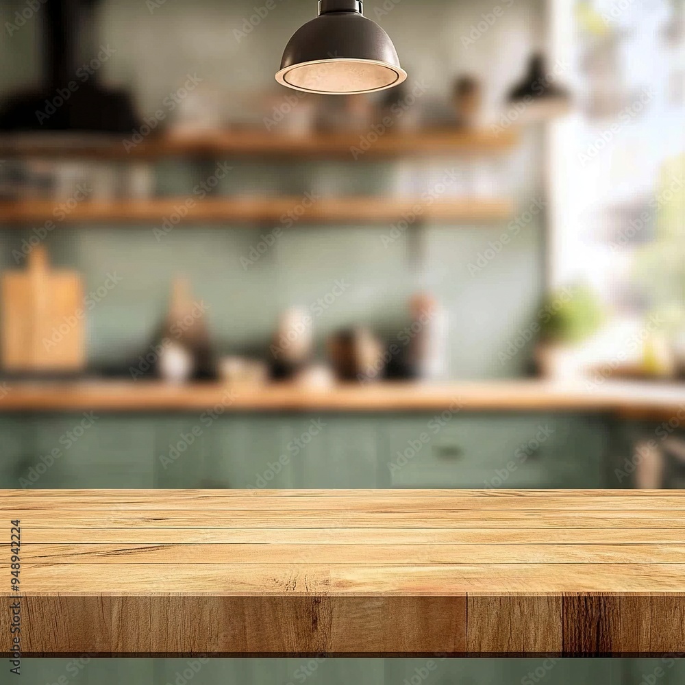 Wooden table top on blur kitchen room background,Modern Contemporary green kitchen room interior generative ai Wooden table top on blur kitchen room background,Modern Contemporary green kitchen room interior generative ai