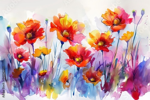 Watercolor Painting of Colorful Flowers