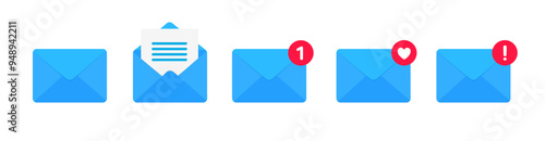 Blue mail envelope icon set with new message marker. Email letter notification with mark. Vector illustration photo