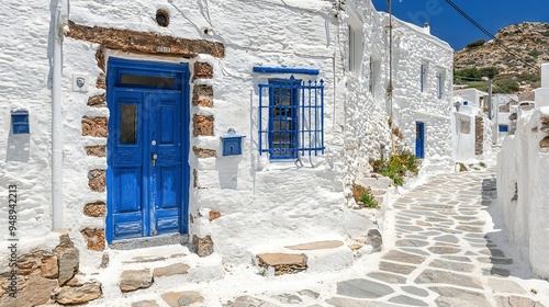   Cobblestone path with blue front door and window on a white building with blue shuts photo