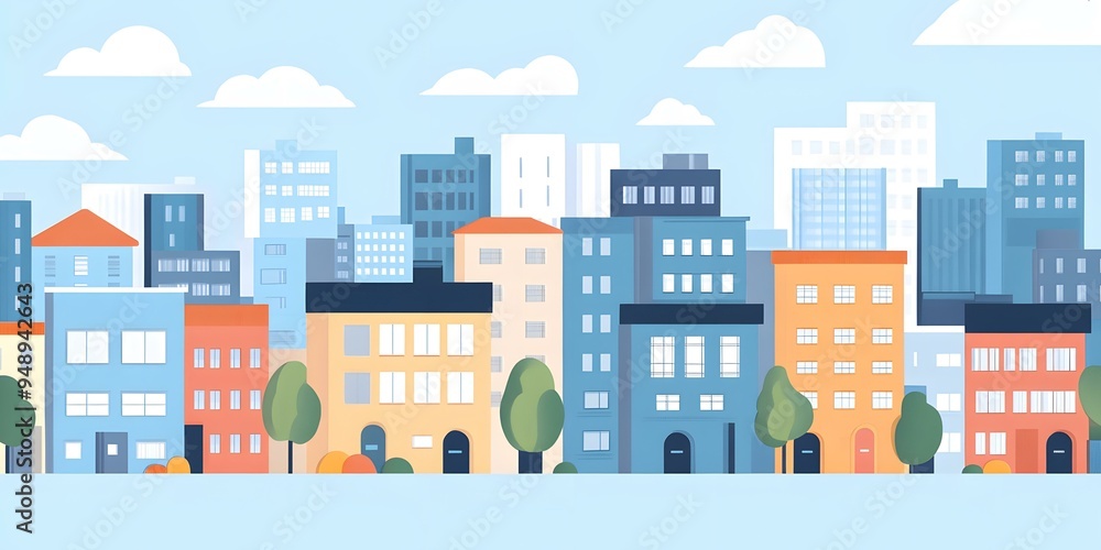 Fototapeta premium Flat Design Cityscape with Colorful Buildings and Trees