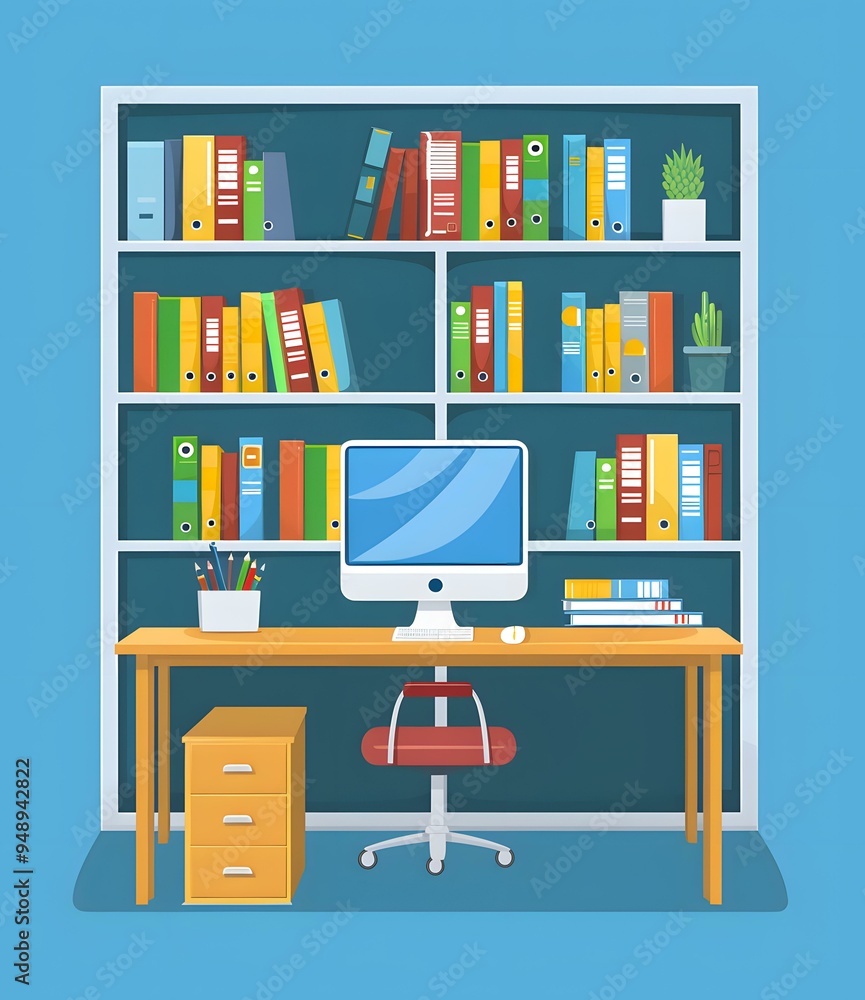 Office Workplace Interior Design With Bookshelf Desk And Computer Office Workplace Interior Design With Bookshelf Desk And Computer