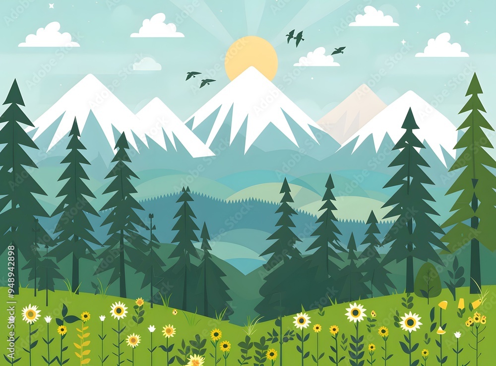 Mountain Landscape With Pine Trees and Flowers Mountain Landscape With Pine Trees and Flowers