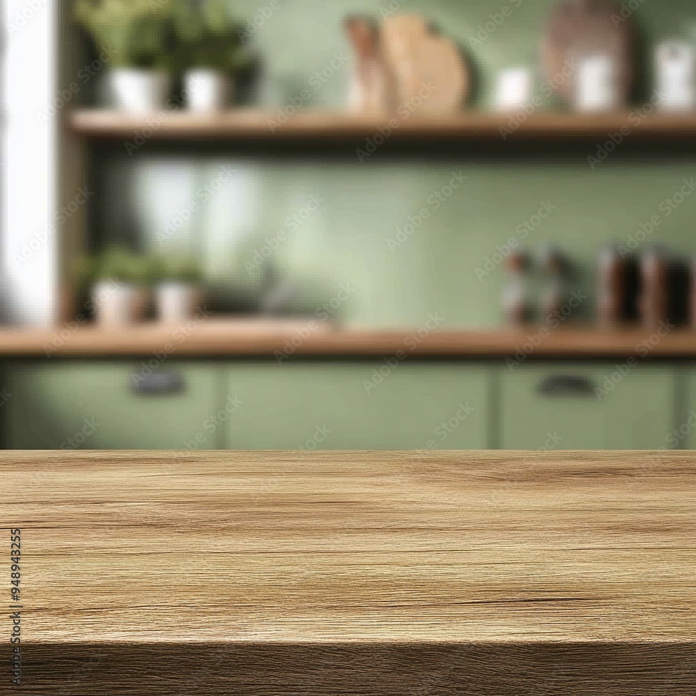 Wooden table top on blur kitchen room background,Modern Contemporary green kitchen room interior generative ai Wooden table top on blur kitchen room background,Modern Contemporary green kitchen room interior generative ai