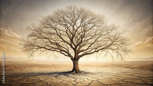 A delicate, hand-drawn illustration of a bare, lifeless tree standing alone in a desolate landscape, rendered in intricate, expressive lines and subtle shading.