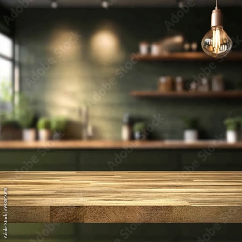 Wooden table top on blur kitchen room background,Modern Contemporary green kitchen room interior generative ai