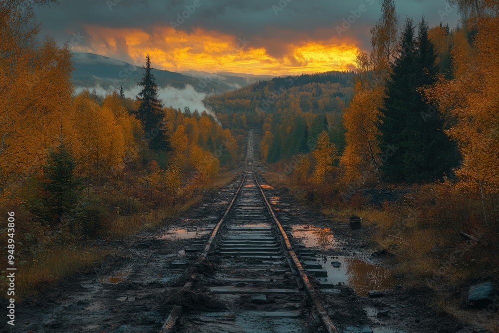 Fototapeta premium Abandoned Railway Tracks in Autumn Forest at Sunset
