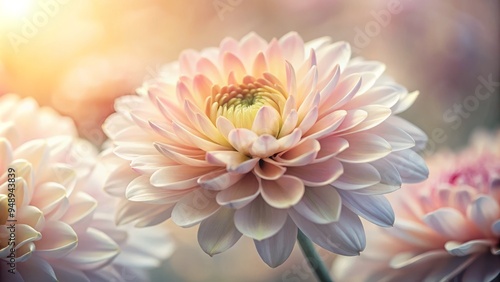 Delicate, soft-focus image of a blooming flower with intricately layered, velvety petals in shades of pastel pink and