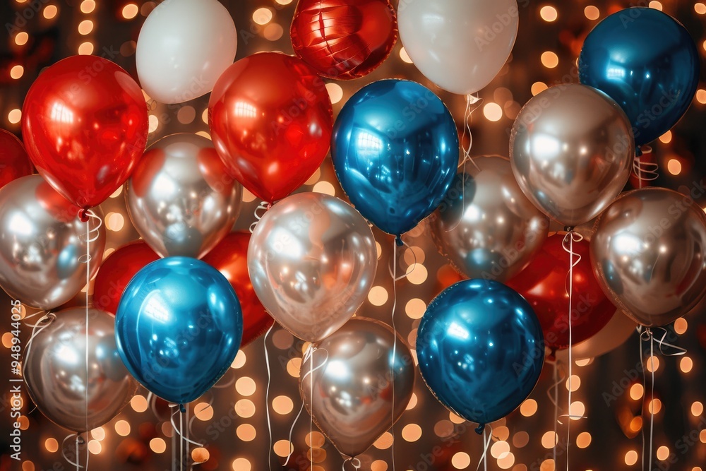 A Cluster of Colorful Balloons with String Lights in the Background A Cluster of Colorful Balloons with String Lights in the Background