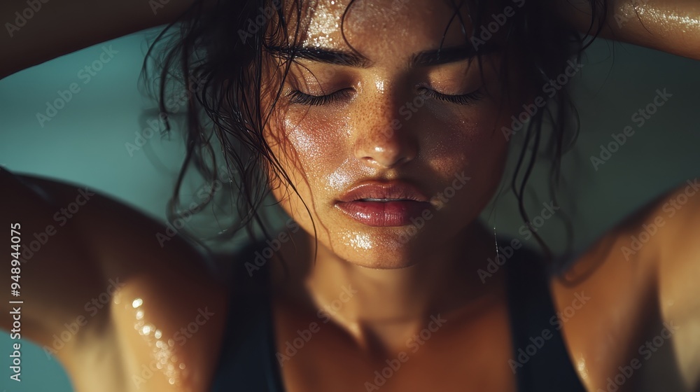 A woman with closed eyes, deeply concentrating and sweating, portrayed in an intense and close-up moment, highlighting her focus and determination. A woman with closed eyes, deeply concentrating and sweating, portrayed in an intense and close-up moment, highlighting her focus and determination.