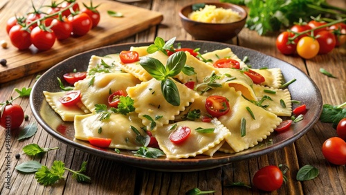 A delicious plate of homemade ravioli with fresh vegetables and herbs, garnished with a sprinkle of Parmesan cheese, at a traditional Italian kosher dinner table.